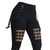 Pantalon gothique ajouré de couleur unie avec œillets et chaîne embellie, pantalon skinny long taille haute - Noir XXL | US 14