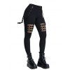Pantalon gothique ajouré de couleur unie avec œillets et chaîne embellie, pantalon skinny long taille haute - Noir XXL | US 14