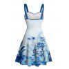 Robe de vacances à motif végétal, buste froncé, décolleté en cœur, mini-robe décontractée trapèze - Bleu XXXXXL | US 20