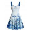 Robe de vacances à motif végétal, buste froncé, décolleté en cœur, mini-robe décontractée trapèze - Bleu XXXXXL | US 20