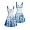 Robe de vacances à motif végétal, buste froncé, décolleté en cœur, mini-robe décontractée trapèze - Bleu XXXXXL | US 20