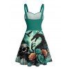 Robe gothique à col en cœur et mini robe trapèze à motif de dragon et de crânes, buste froncé - Vert profond XXXXXL | US 20