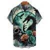 Chemise gothique à manches courtes et boutons pour homme, motif crânes, roses et dragons, style vacances - Vert profond 5XL