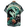 Chemise gothique à manches courtes et boutons pour homme, motif crânes, roses et dragons, style vacances - Vert profond 5XL