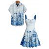Vacation Couple Outfit Plant Pattern Ruched Bust Sweetheart Neck A Line Mini Dress and Button Up Shirt Casual Matching Outfit - Bleu S | US 4