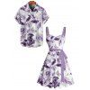 Vacation Couple Outfit Flower Butterfly Leaf Pattern Ruched Bust Belt Sweetheart Neck A Line Mini Dress and Button Up Shirt Casual Matching Outfit - Pourpre S | US 4
