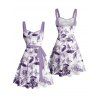 Vacation Couple Outfit Flower Butterfly Leaf Pattern Ruched Bust Belt Sweetheart Neck A Line Mini Dress and Button Up Shirt Casual Matching Outfit - Pourpre S | US 4