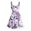 Vacation Couple Outfit Flower Butterfly Leaf Pattern Ruched Bust Belt Sweetheart Neck A Line Mini Dress and Button Up Shirt Casual Matching Outfit - Pourpre S | US 4