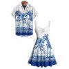 Vacation Couple Outfit Palm Tree Flower Leaf Pattern Ruched Bust Sweetheart Neck Dress and Button Up Shirt Beach Matching Outfit - Bleu S | US 4