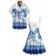 Vacation Couple Outfit Palm Tree Flower Leaf Pattern Ruched Bust Sweetheart Neck Dress and Button Up Shirt Beach Matching Outfit - Bleu S | US 4