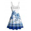 Vacation Couple Outfit Palm Tree Flower Leaf Pattern Ruched Bust Sweetheart Neck Dress and Button Up Shirt Beach Matching Outfit - Bleu S | US 4