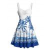 Vacation Couple Outfit Palm Tree Flower Leaf Pattern Ruched Bust Sweetheart Neck Dress and Button Up Shirt Beach Matching Outfit - Bleu S | US 4