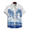 Vacation Couple Outfit Palm Tree Flower Leaf Pattern Ruched Bust Sweetheart Neck Dress and Button Up Shirt Beach Matching Outfit - Bleu S | US 4