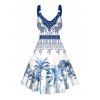Vacation Couple Outfit Palm Tree Flower Leaf Pattern O Ring Strap Dress and Button Up Shirt Beach Matching Outfit - Bleu S | US 4