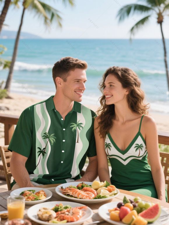 Vacation Couple Outfit Colorblock Line Coconut Tree Pattern Spaghetti Strap Tank Dress and Button Up Shirt Beach Matching Outfit - DEEP GREEN S | US 4