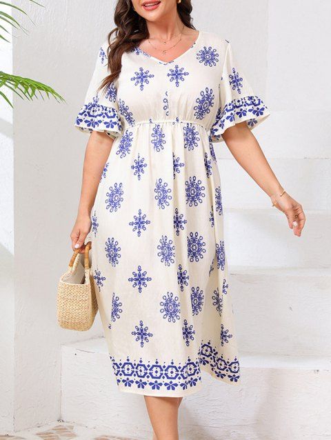 Robe de vacances grande taille à imprimé ethnique, col en V, manches mi-évasées, coupe trapèze, mi-longue, décontractée