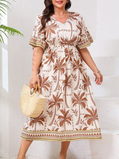 Robe de vacances grande taille à motif géométrique de cocotiers, manches mi-évasées, col en V, coupe trapèze, mi-longue, décontractée