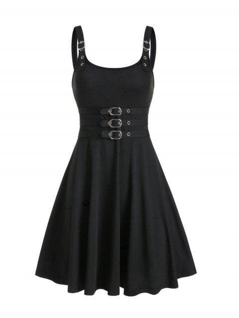 Robe grande taille unie, bretelles à boucle, œillets, col en U, taille haute, coupe trapèze, mi-longue, décontractée