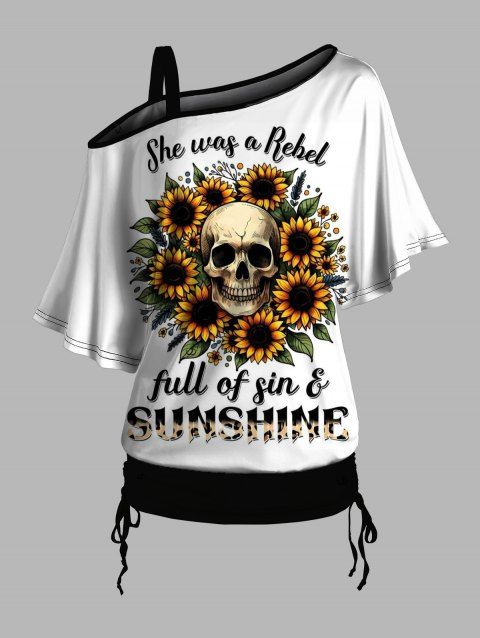T-shirt gothique à col incliné et manches mi-chauve-souris, motif lettres et têtes de mort, haut de vacances cintré