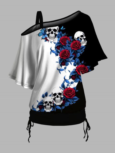 T-shirt gothique à col oblique et manches mi-chauve-souris, motif de feuilles de rose contrastées, haut de vacances cintré