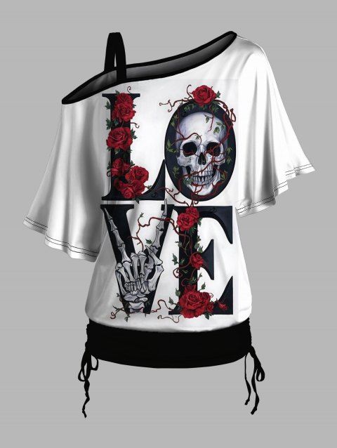 T-shirt gothique à col incliné et manches mi-chauve-souris, motif crânes, squelette, rose, lettre d'amour, haut de vacances cintré
