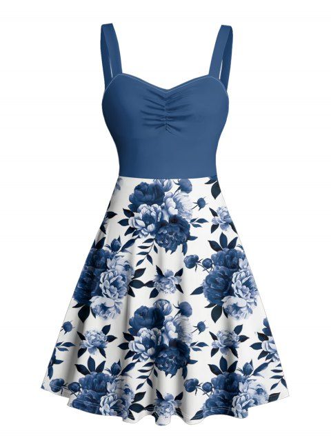 Robe de vacances à imprimé floral et feuilles colorblock, buste froncé, col en cœur, mini robe décontractée trapèze