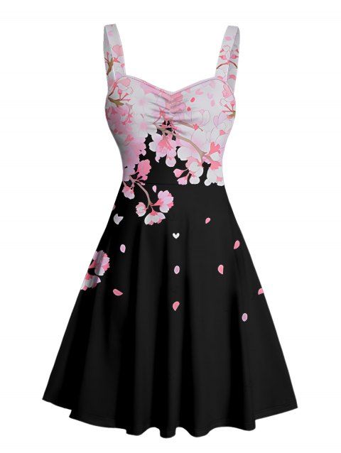 Robe de vacances à motif de pétales de fleurs de cerisier, buste froncé, col en cœur, robe trapèze mini décontractée