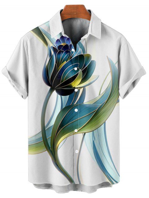 Chemise de vacances à imprimé floral et feuilles pour homme, boutonnée, retroussée, manches courtes, décontractée