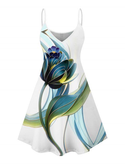 Robe de vacances à imprimé floral et feuilles, bretelles spaghetti, col en V, coupe trapèze, mini-robe décontractée