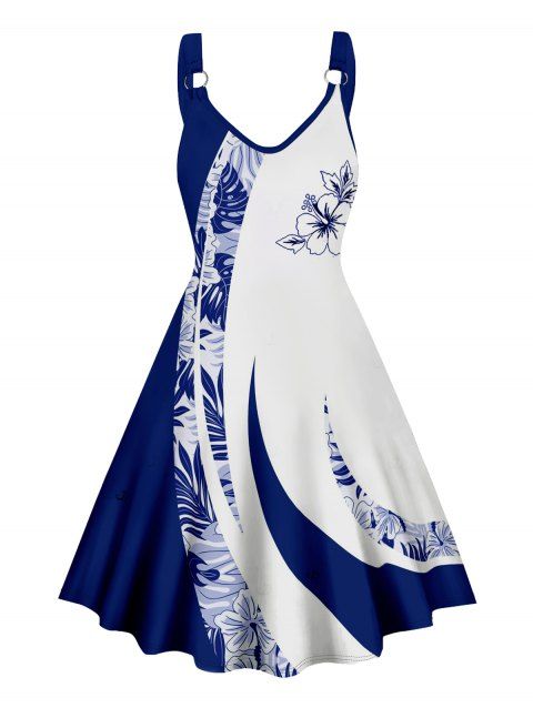 Robe de vacances à imprimé feuilles et fleurs de couleur contrastée, mini-robe décontractée à bretelles et col en V