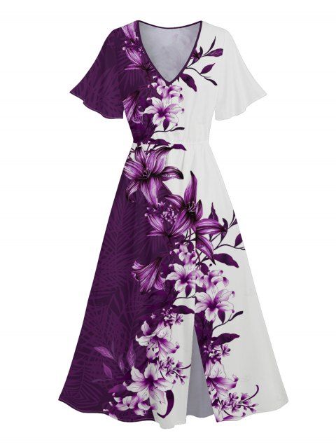 Robe d'été à imprimé floral, col en V, manches évasées, fendue, taille haute