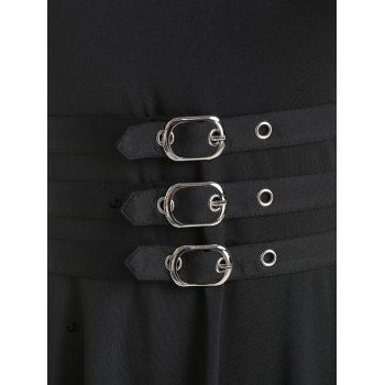 Plus Size Solid Color Dress Buckle Strap Grommet U Neck High Waisted A Line Midi Casual Dress