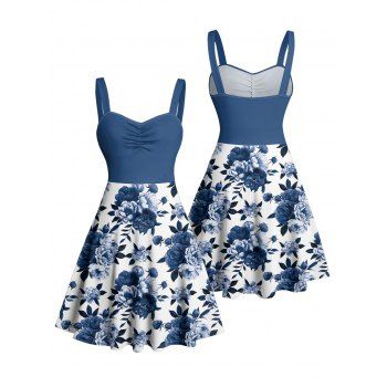 Colorblock Leaf Floral Print Pattern Ruched Bust Vacation Dress Sweetheart Neck A Line Mini Casual Dress