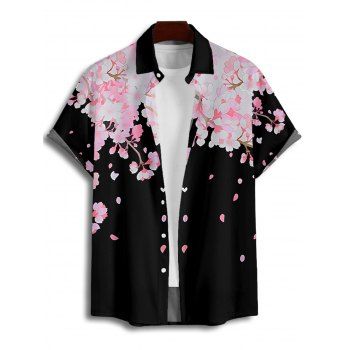 Men's Cherry Blossom Petal Flower Print Vacation Shirt Button Up Roll Up Short Sleeve Casual Shirt