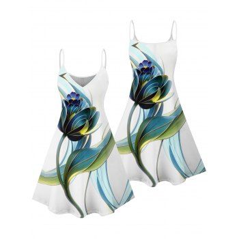 Floral Leaf Print Vacation Dress Spaghetti Strap V Neck A Line Mini Casual Tank Dress