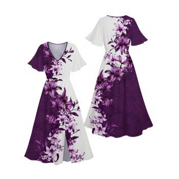 Floral Print V Neck Flare Sleeve Dress Slit High Waisted Summer Dress