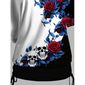 Rose Leaf Contrast Color Pattern Skew Neck Gothic T-Shirt Half Batwing Sleeve Cinched Holiday Top