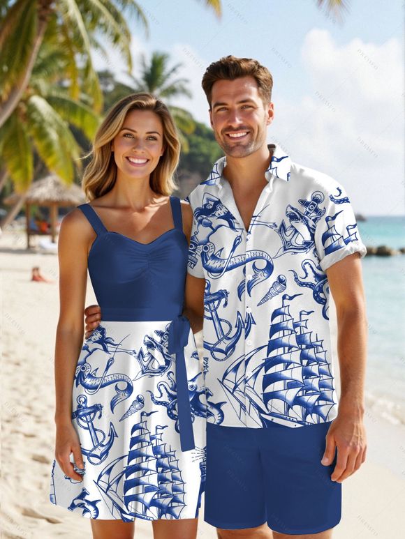 Vacation Couple Outfit Mermaid Dolphin Ship Ocean Elements Pattern Ruched Bust Belt Dress and Button Up Shirt Matching Outfit - Bleu S | US 4