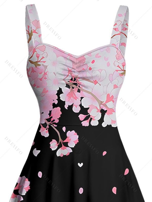 Robe de vacances à motif de pétales de fleurs de cerisier, buste froncé, col en cœur, robe trapèze mini décontractée - Noir XL | US 12