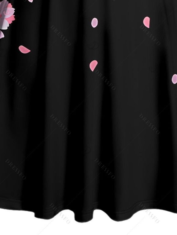 Robe de vacances à motif de pétales de fleurs de cerisier, buste froncé, col en cœur, robe trapèze mini décontractée - Noir XL | US 12