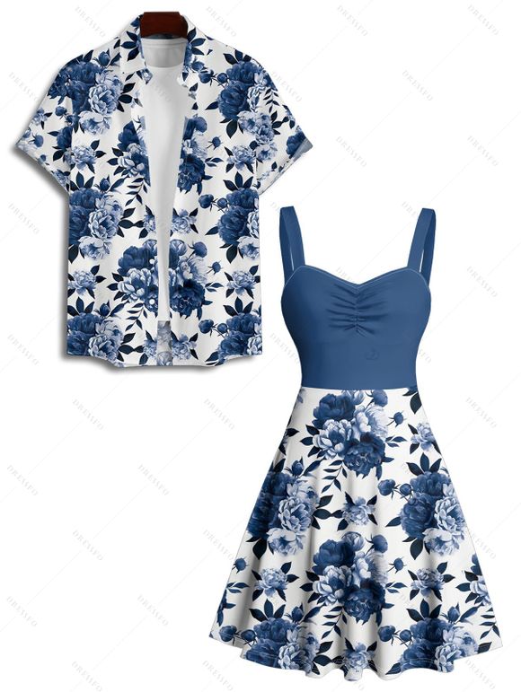 Vacation Couple Outfit Colorblock Leaf Floral Print Pattern Ruched Bust Sweetheart Neck Dress and Button Up Shirt Casual Matching Outfit - Bleu profond S | US 4