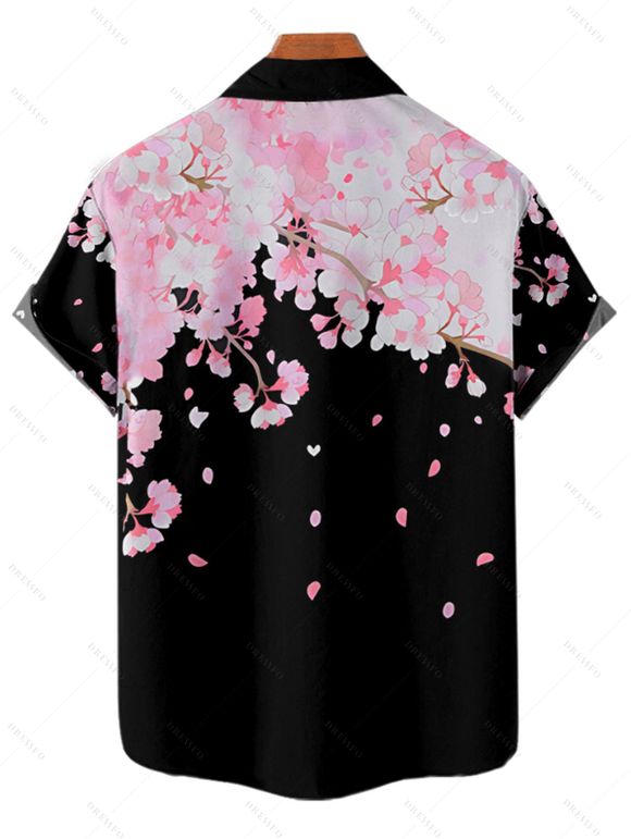 Chemise de vacances à imprimé pétales de fleurs de cerisier pour homme, boutonnée, retroussée, manches courtes, décontractée - Noir 4XL