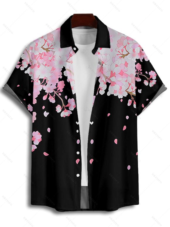 Chemise de vacances à imprimé pétales de fleurs de cerisier pour homme, boutonnée, retroussée, manches courtes, décontractée - Noir 4XL