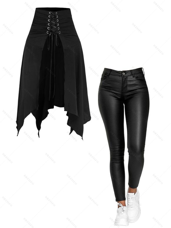 Women Bottom Set Solid Color Zipper Fly Pockets Long PU Pants and Open Front Lace Up Irregular Hem Skirt Set - Noir S | US 4