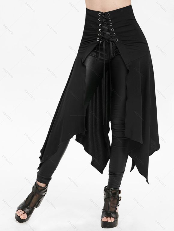 Women Bottom Set Solid Color Zipper Fly Pockets Long PU Pants and Open Front Lace Up Irregular Hem Skirt Set - Noir S | US 4