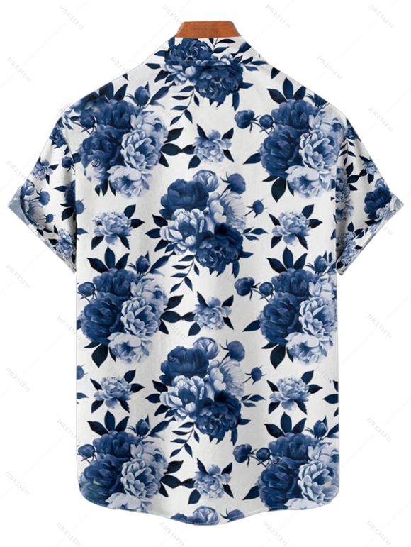 Chemise de vacances à imprimé floral pour homme, boutonnée, retroussée, manches courtes, décontractée - Bleu profond 4XL