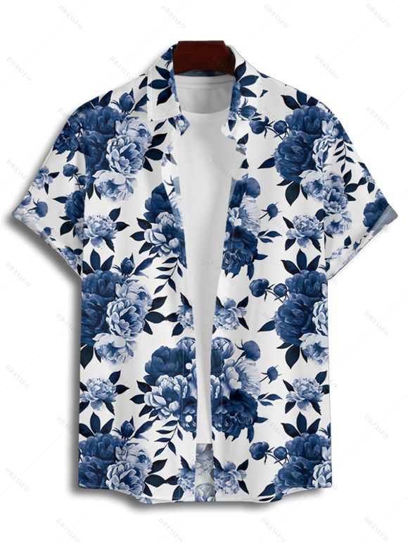 Chemise de vacances à imprimé floral pour homme, boutonnée, retroussée, manches courtes, décontractée - Bleu profond 4XL