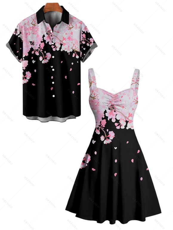 Vacation Couple Outfit Cherry Blossom Petal Flower Pattern Ruched Bust Sweetheart Neck Dress and Button Up Shirt Casual Matching Outfit - Noir S | US 4