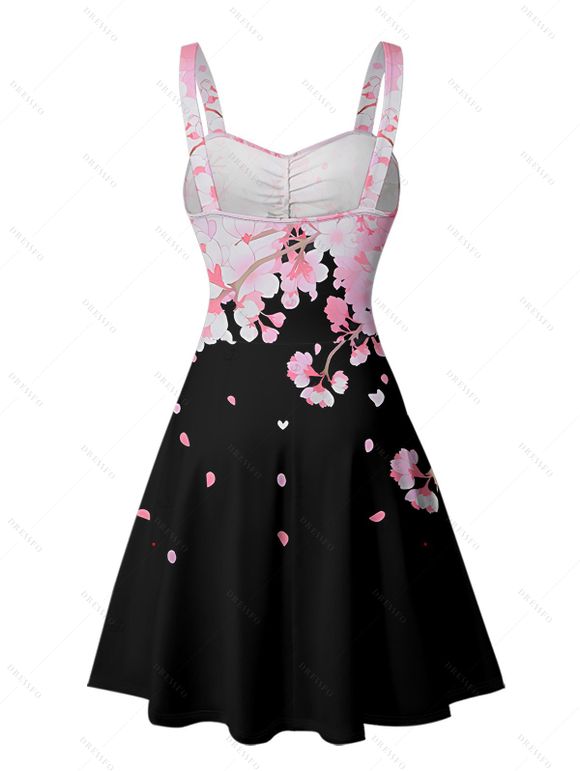 Vacation Couple Outfit Cherry Blossom Petal Flower Pattern Ruched Bust Sweetheart Neck Dress and Button Up Shirt Casual Matching Outfit - Noir S | US 4