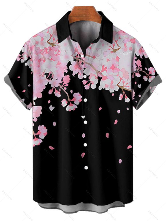 Vacation Couple Outfit Cherry Blossom Petal Flower Pattern Ruched Bust Sweetheart Neck Dress and Button Up Shirt Casual Matching Outfit - Noir S | US 4